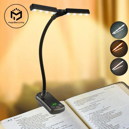 Portable LED Clip-On Book Light: 14 LEDs, 3 Colors, 8 Brightness Levels, USB Rechargeable Night Reading Lamp - Mini Desk & Travel Light