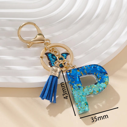 Royal Blue Butterfly Initial Keychain - Alloy Alphabet Letter & Tassel Backpack Charm