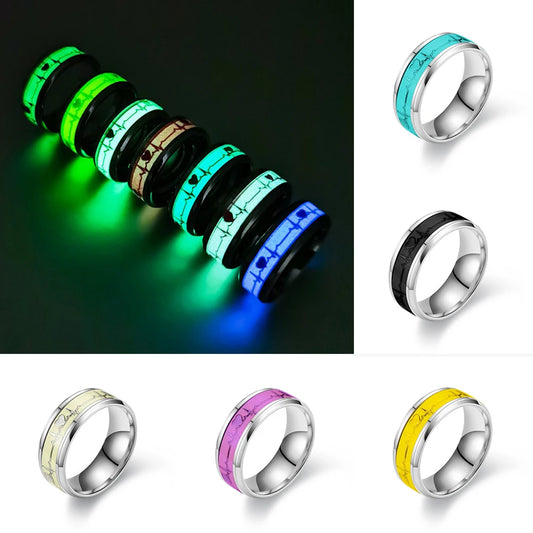 Luminous Stainless Steel Love Heart Couples Rings – Glow in the Dark Fluorescent Wedding Band Finger Rings Accessories