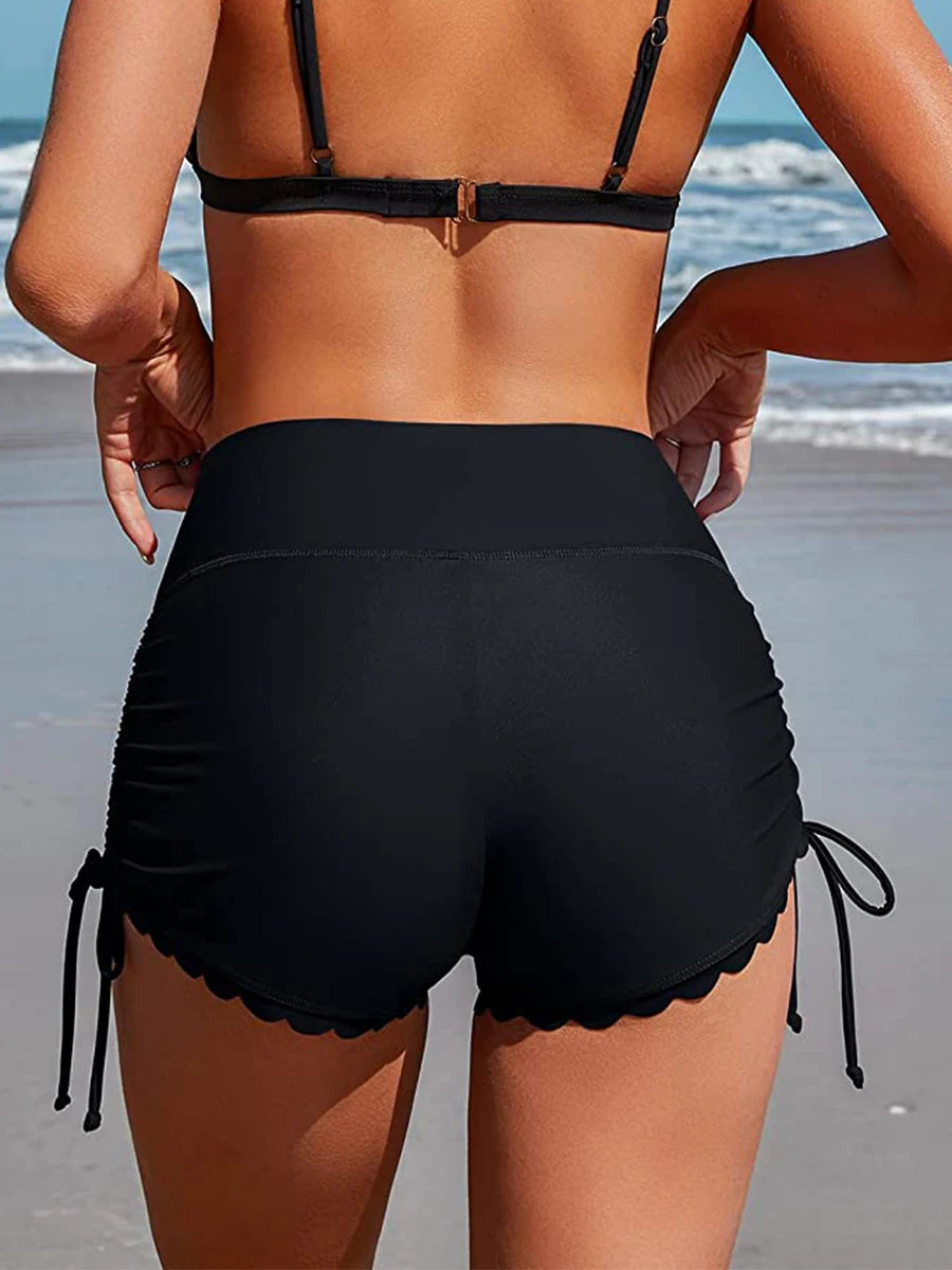 Stay Stylish by the Water with Women's High-Waist Drawstring Swim Shorts - Solid Color Summer Bathing and Surfing Bottoms for Beach-Ready Ladies