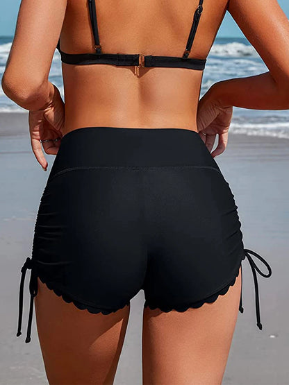Stay Stylish by the Water with Women's High-Waist Drawstring Swim Shorts - Solid Color Summer Bathing and Surfing Bottoms for Beach-Ready Ladies
