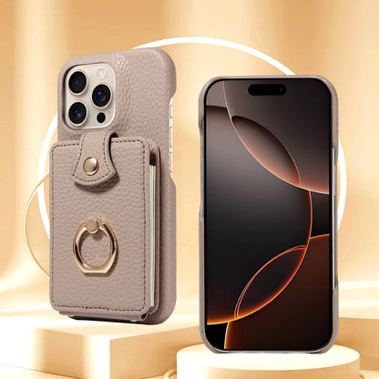 PU Leather iPhone Case with Ring & Card Slots – Anti-Fall Wallet Cover for iPhone 16 Pro Max, 15, 14, 13, 12, 11, 7, 8 Plus & 16e