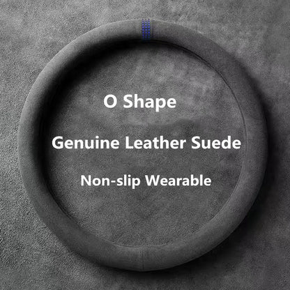 Universal 37–38cm Cowhide Suede Steering Wheel Cover, Breathable Anti-Slip Car Steering Wheel Wrap Accessory