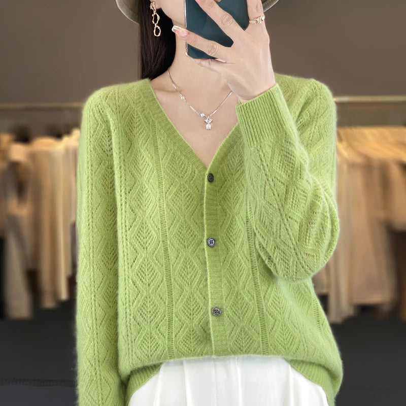 Women's 100% Wool Cashmere Cardigan – V-Neck, Super Soft, Loose Fit, Long Sleeve Knit Sweater