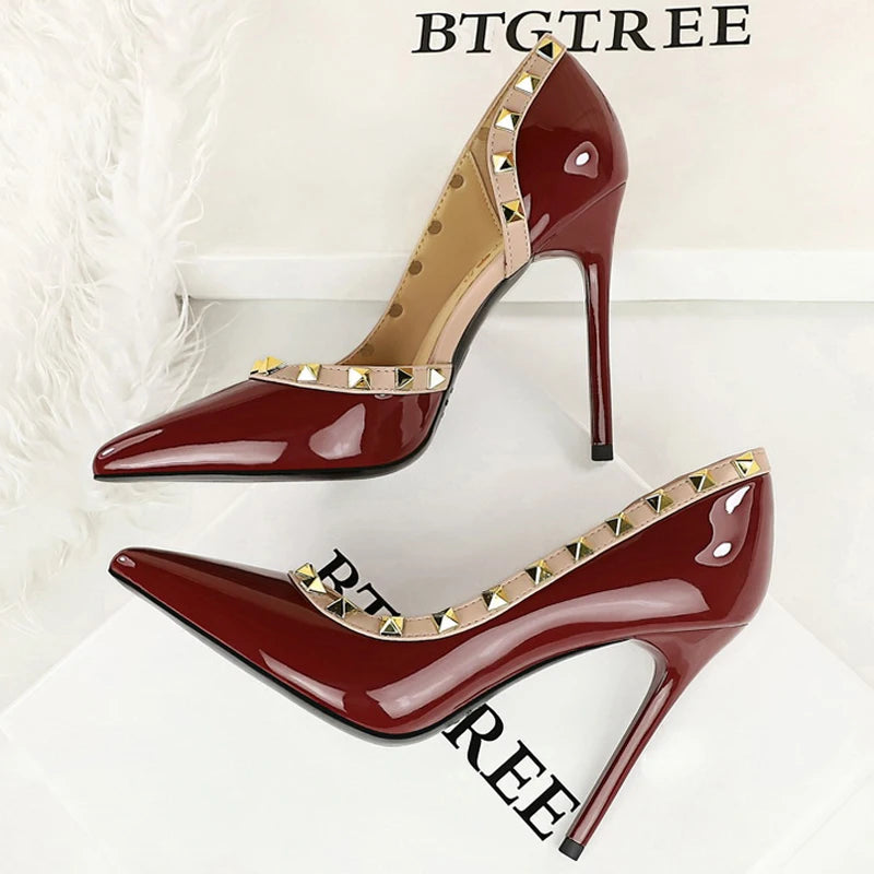 BIGTREE Women’s Rivet Patent Leather Pumps – 10.5cm Stiletto High Heels, Sexy Party Shoes, Large Size 43