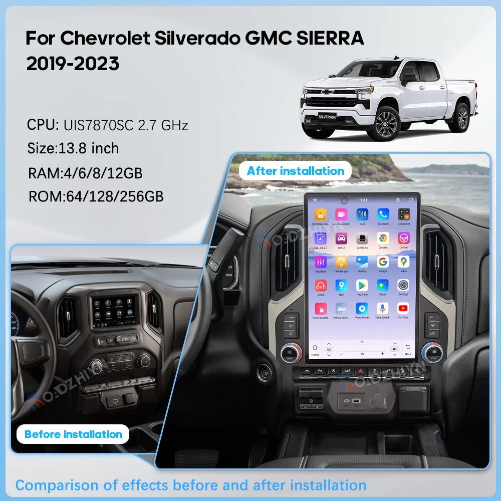 15.6" Car Multimedia Player - GPS Navigation, CarPlay, Android Auto, 4G & WiFi for Chevrolet Silverado & GMC Sierra 2019-2023