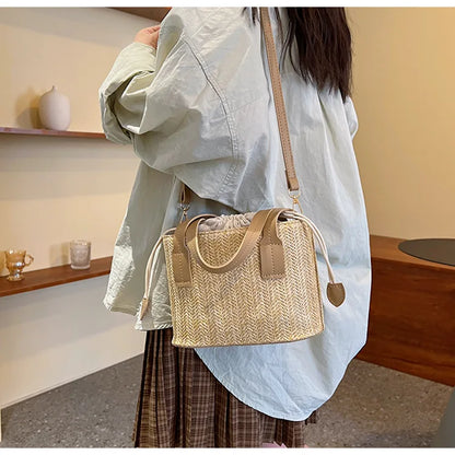Fashion Straw Bucket Crossbody Bag – Women’s Summer Beach & Travel Shoulder Handbag