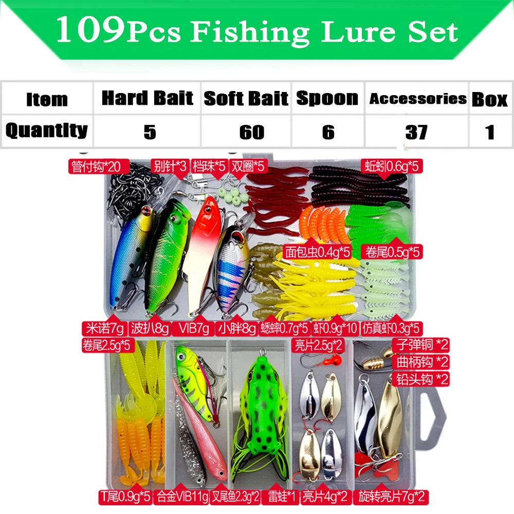 Fishing Lure Kit with Soft & Hard Baits – Minnow, Metal Jig Spoon & Crankbait Set for Bass & Pike Fishing with Storage Box Tackle Gear Kit