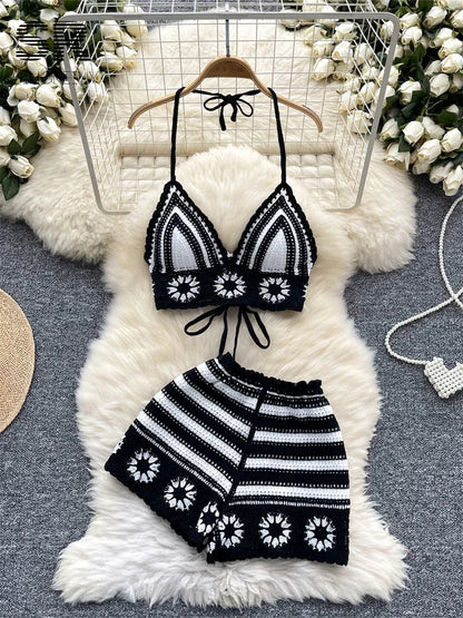 SINGREINY Women's Beach Knit 2-Piece Set – Halter Lace-Up Camis & Elastic Waist Shorts, Hollow Hook Flower Design