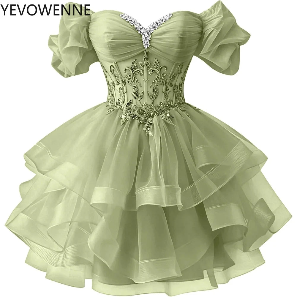 Beaded Lace Homecoming Dress - Short Tiered Tulle Sequin Prom & Quinceañera Gown