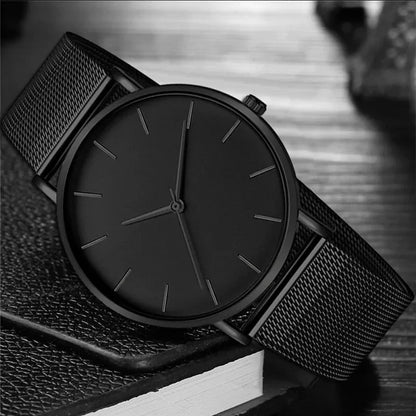 Men’s Ultra-Thin Black Stainless Steel Quartz Watch – Minimalist Business Fashion Wristwatch