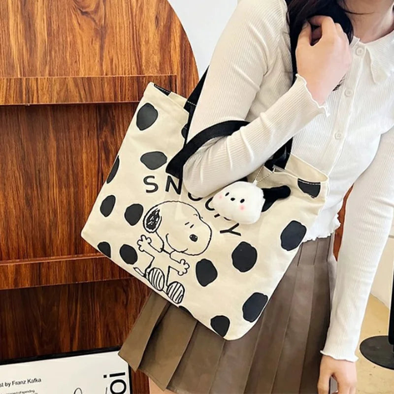 MINISO Snoopy Canvas Bag — Women’s Large Capacity Cartoon Handbag, Multi-Purpose Shoulder Tote with Hanging Accessory