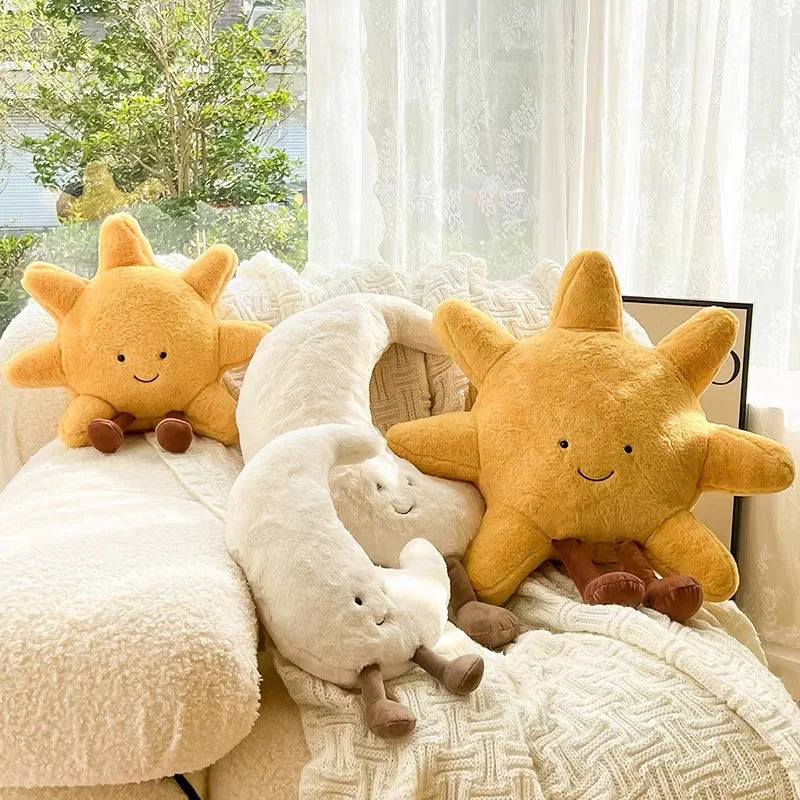 Smile Face Moon & Sun Plush Cushion – Cute Weather Stuffed Toy for Kid's Bedroom Decor & Sofa Throw Pillow