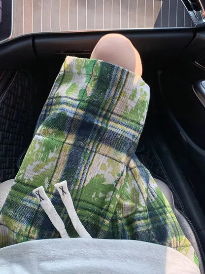 Green Tie-Dye Plaid Shorts - Men's Retro Loose Fit Summer Casual Jorts
