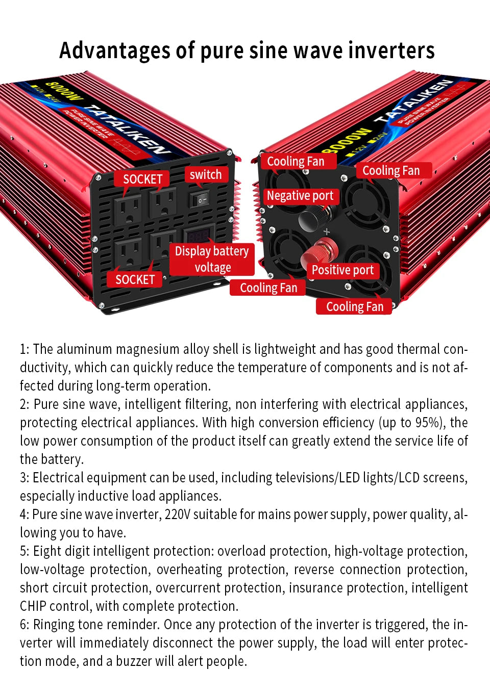 Pure Sine Wave Inverter 5000–10000W – 12V DC to 110V AC Portable Solar & Car Power Converter