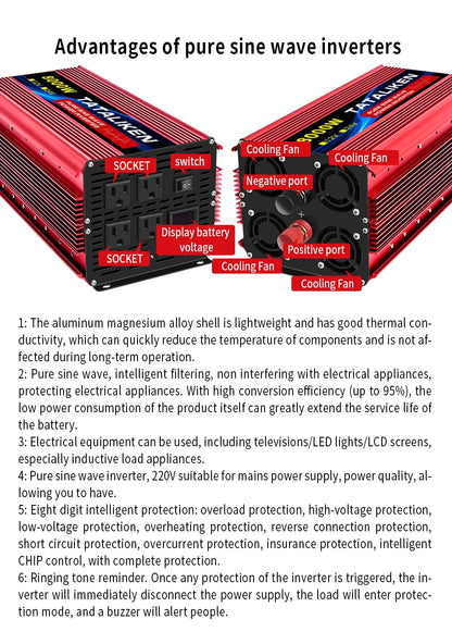 Pure Sine Wave Inverter 5000–10000W – 12V DC to 110V AC Portable Solar & Car Power Converter