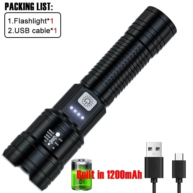 2000LM High-Power LED Tactical Flashlight – USB Rechargeable Zoom Torch with Display, Outdoor Camping, Fishing & Emergency Lantern Light for Survival Use