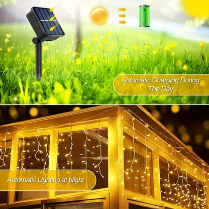 Solar Christmas Icicle Lights 162/96 LED – 8-Mode Waterproof Curtain String Lights for Outdoor, Garden & Holiday Decoration