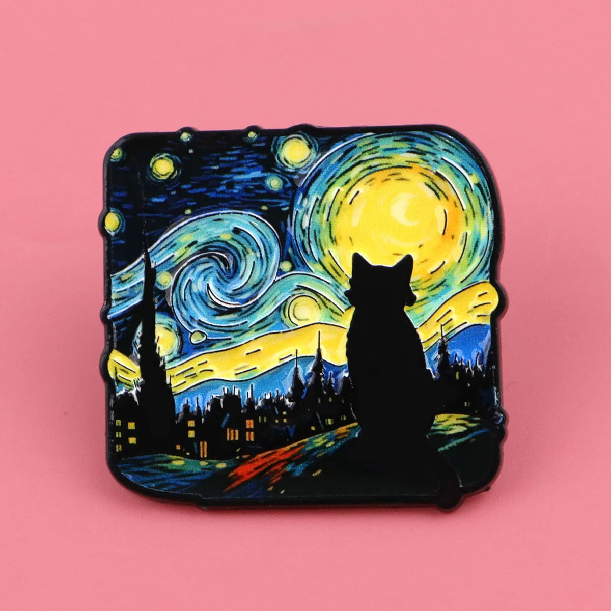 Starry Night Cat Brooch - Van Gogh-Inspired Enamel Pin Badge and Artistic Fashion Jewelry Gift