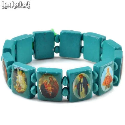 Wooden Rosary Bracelet - Elastic Colored Bead Catholic Prayer Bracelet with Jesus and Saint Design