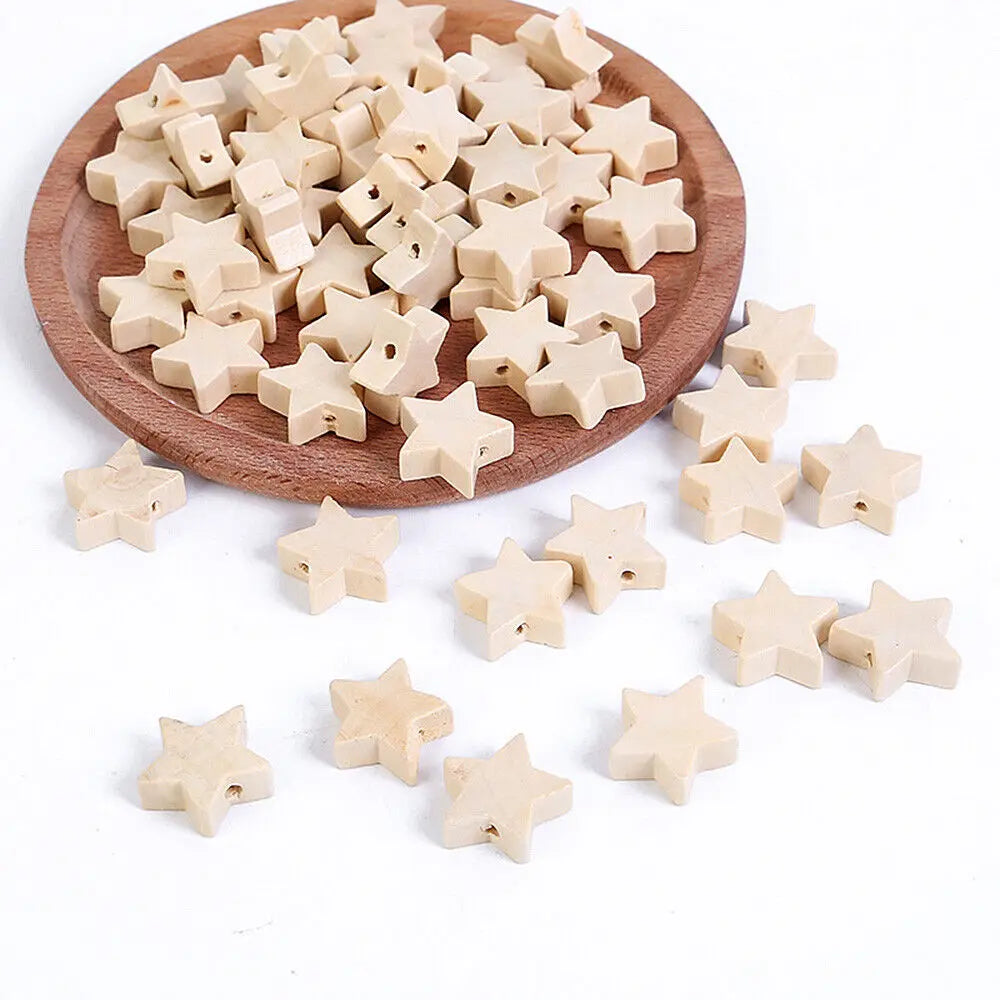 50pcs Natural Wooden Star Beads – Unfinished DIY Wood Beads for Handmade Jewelry Making & Craft Accessories