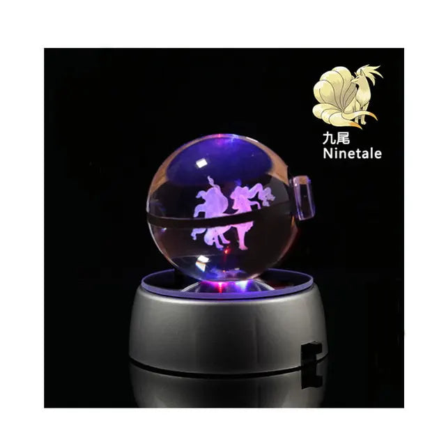 Anime Pokemon 3D Crystal Ball – Snorlax & Charizard Engraved Pokeball Figure with LED Light Base, Kids Gift