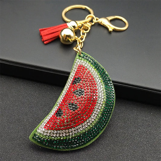 Kawaii Watermelon Crystal Keychain – Gold Alloy Leather Fruit Keyring for Women & Men, Bag & Car Accessory