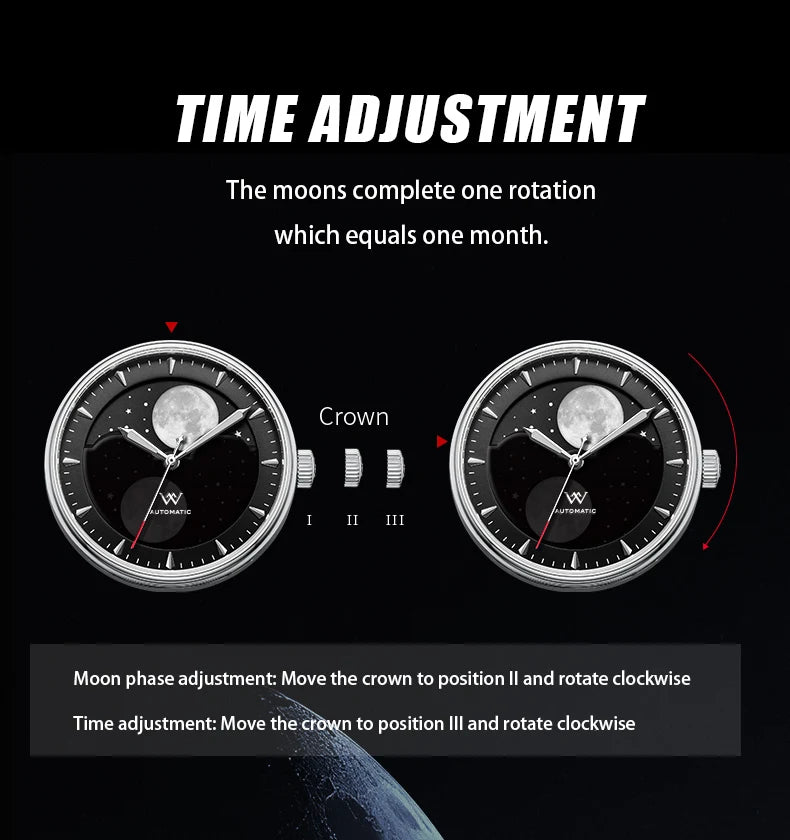 WM Welly Merck Automatic Mechanical Men's Watch — Lunar Moon Phase, Sapphire, Waterproof, Luminous Twin Moons WM142