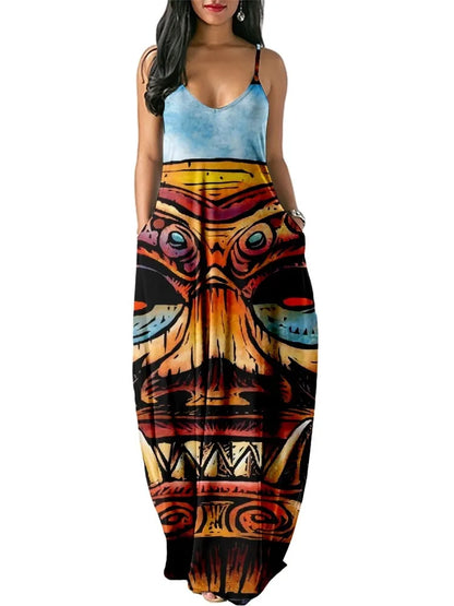 Women’s World Map Beach Dress – Elegant Sexy Long Sundress with Irregular Hem, Sleeveless Spaghetti Straps, Plus Size Summer Dress