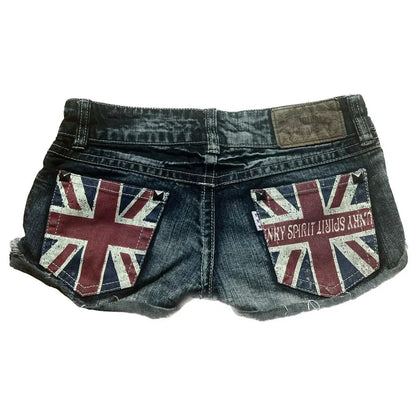 Y2K Retro British Flag Graphic Print Mini Shorts — Harajuku Gyaru Goth Slim Fit Low Rise Denim Shorts for Women