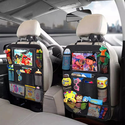 Car Backseat Organizer with Touch Screen Tablet Holder - Auto Storage Pockets & Seat Protectors