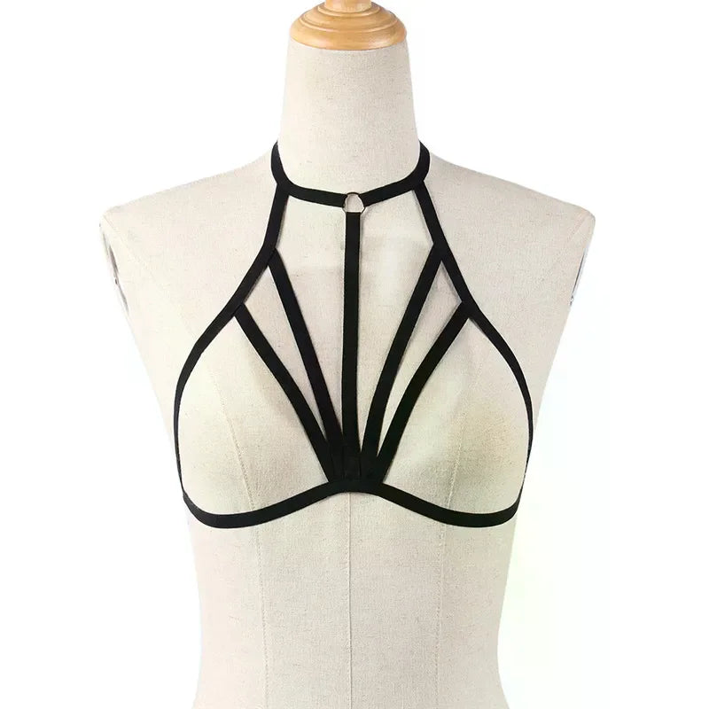 Black Strappy Cage Bra - Breathable Hollow-Out Bandage Lingerie with Elastic Binding Straps