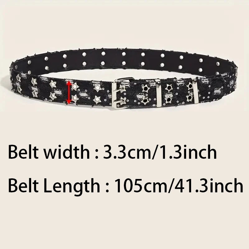 Y2K Punk Star Belt - Black Denim Hip Hop Hollow Buckle Waistband for Men & Women