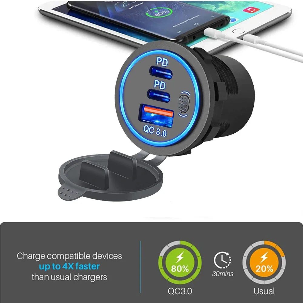 QC3.0 + PD 78W Car Charger Socket Triple USB Type-C Fast Charging Power Adapter with Switch Waterproof 12V/24V Universal Car Charger