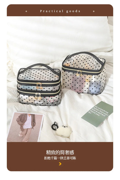 Double-Layer Black Mesh Cosmetic Bag – Large Capacity Travel Makeup Case Organizer with Zipper Toiletry Pouch