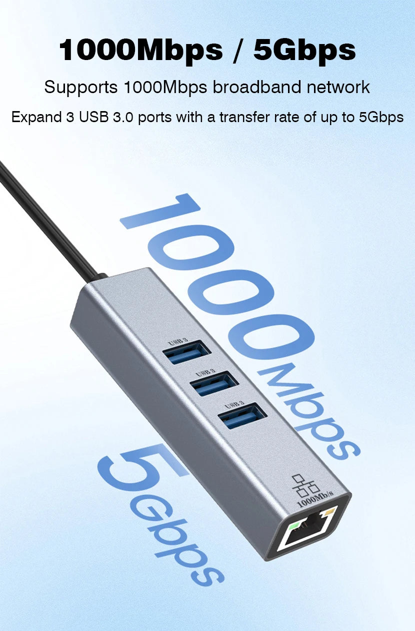 USB-C Hub Docking Station – Type C to RJ45 1000Mbps Ethernet Adapter, USB 3.0 Hub, 100W Charging Dock
