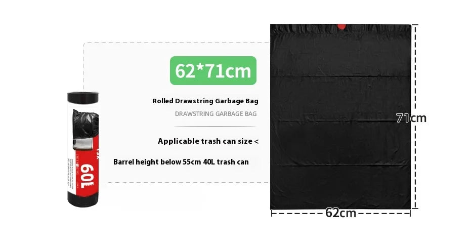 60/100L Large Kitchen Garbage Bags – 1 Roll (15 PCS) Thick Black Disposable Waste Bags with Drawstring Handles