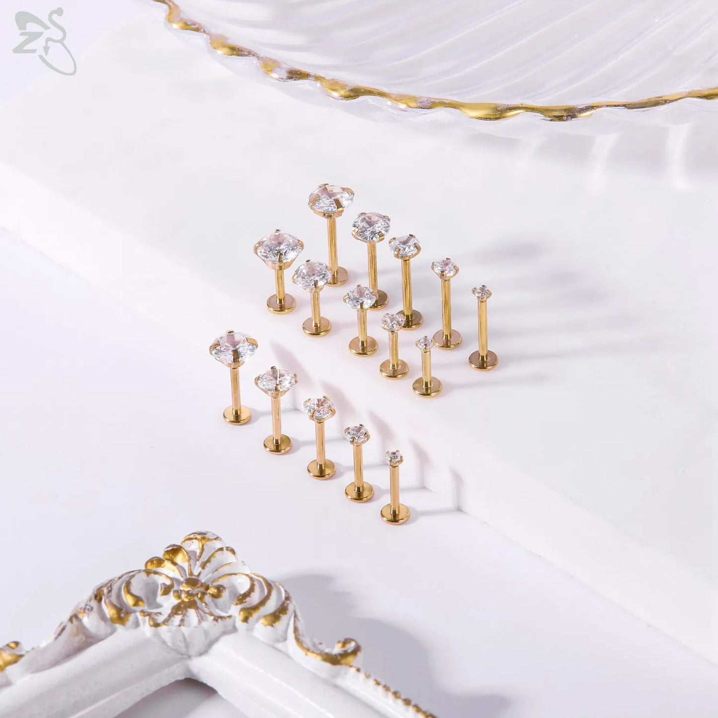 AOEDEJ 10PCS Gold Stainless Steel Labret Lip Studs – 16/18G CZ Crystal Helix, Cartilage & Tragus Piercings (2–6mm)