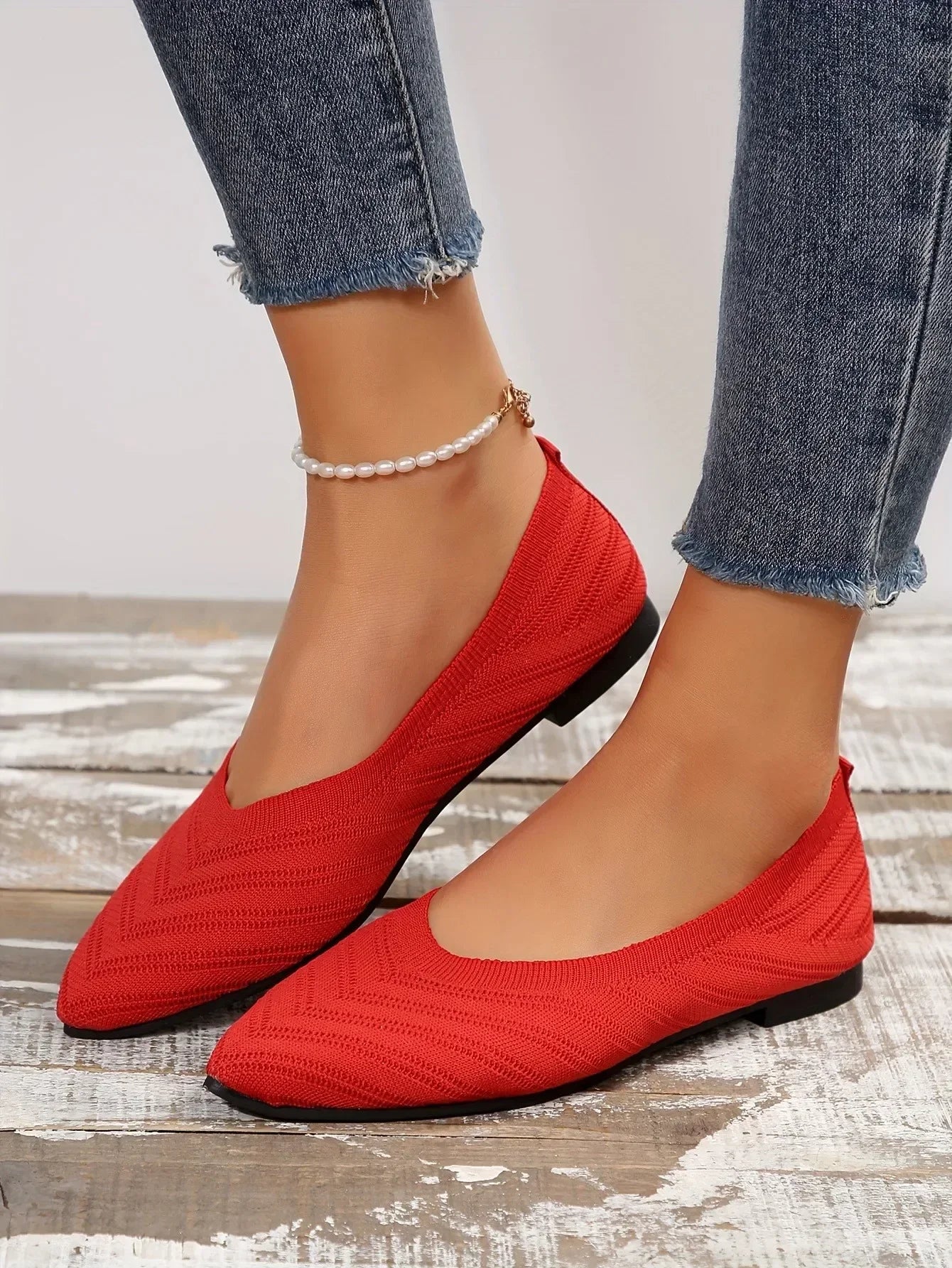 Women’s Pointed Toe Knitted Slip-On Flats – Solid Color Casual Breathable Ballet Loafers