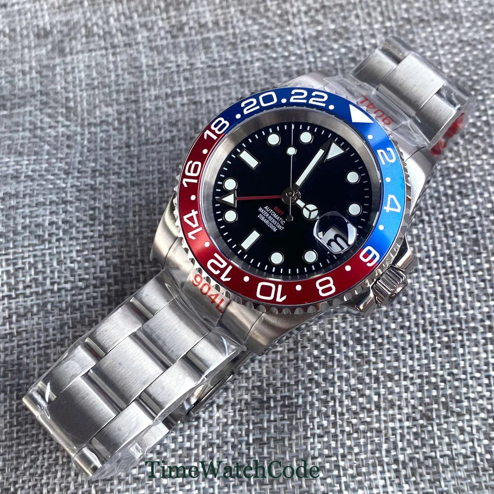 Tandorio 40mm Men’s Automatic Watch – NH34A Movement, GMT Function, Luminous Black Dial, Sapphire Crystal, Auto Date & Rotating Bezel