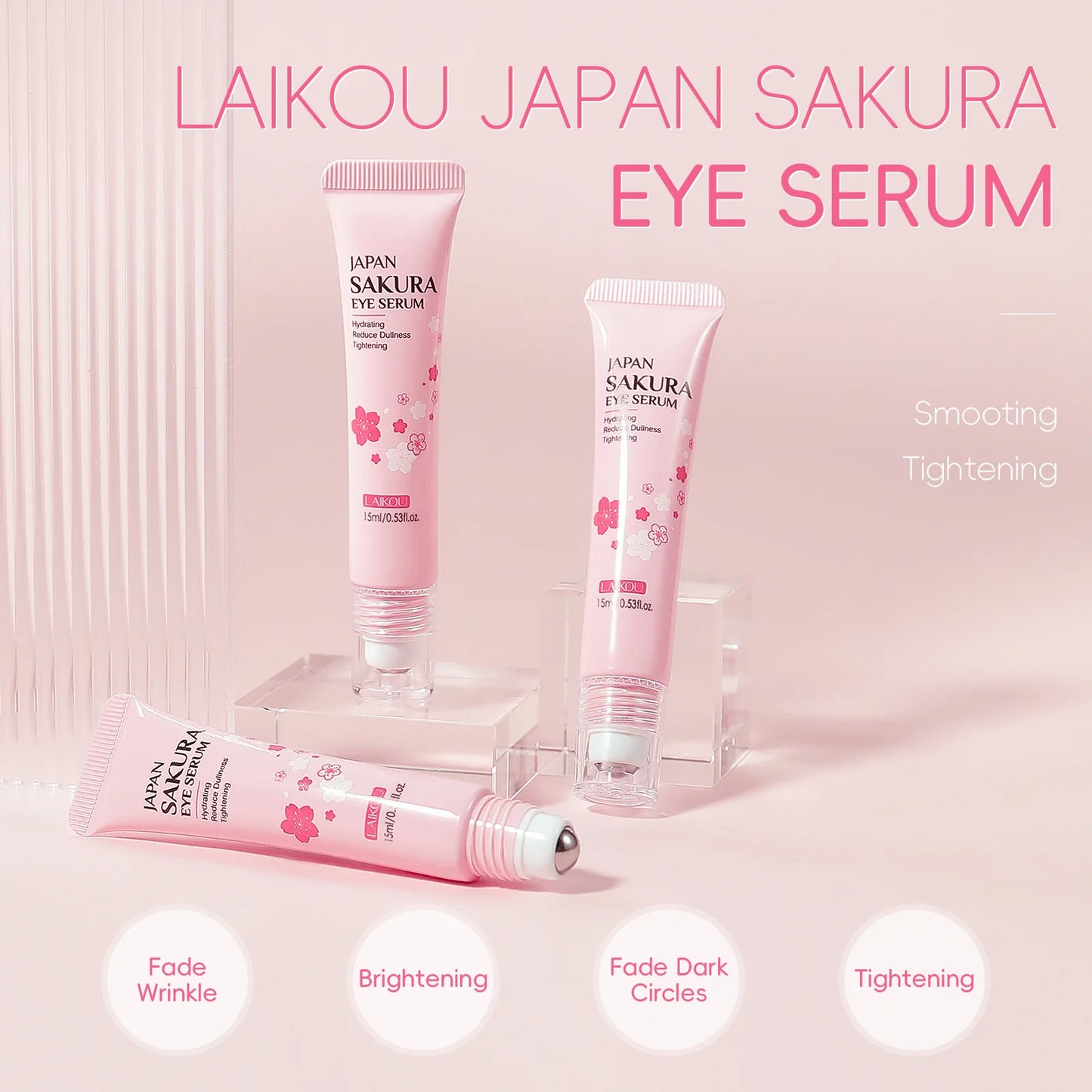 LAIKOU Sakura Eye Serum Roller — Hyaluronic Acid Moisturizing Cream for Eye Bags & Dark Circles, 15ml