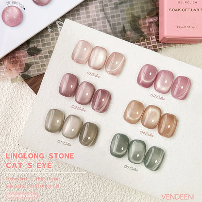 Vendeeni 6-Color Magnetic Cat Eye Gel Nail Polish Set – Pink UV LED Soak-Off Gel with Crystal Effect & Display