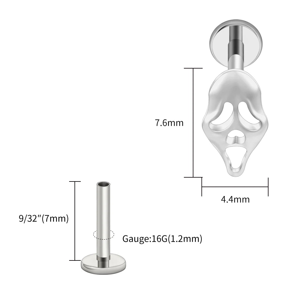 Right Grand ASTM F136 Titanium 16G Ghost Face Flat Back Earring – Halloween CZ Cartilage Stud for Helix, Labret & Nose Piercing Jewelry