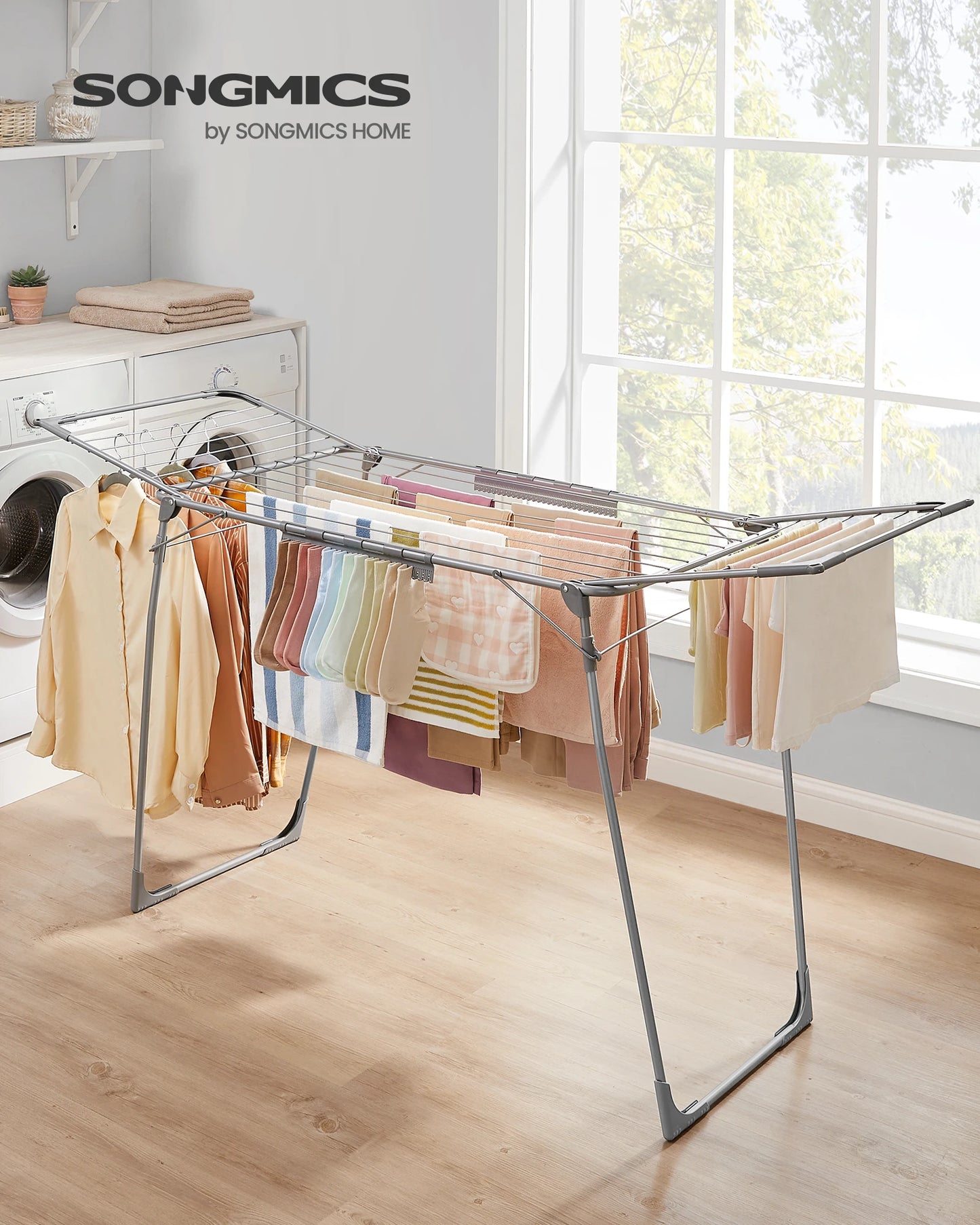 SONGMICS Foldable Gullwing Clothes Drying Rack – Space-Saving Laundry Rack with Sock Clips, 22.2"x68.1"x38"