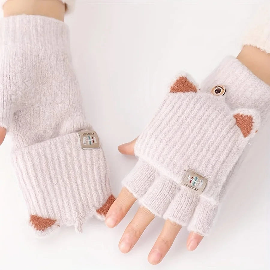 Women’s Cat Ear Fingerless Gloves - Warm Convertible Winter Gloves with Elastic Fit