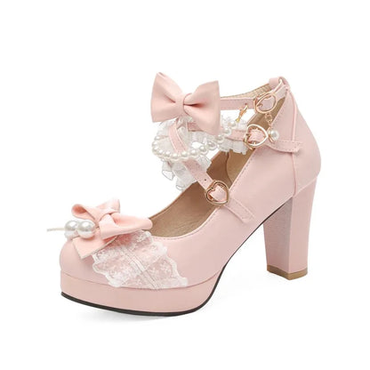 Women’s Cross Strap Mary Jane High Heels – Party, Wedding, Cosplay Lolita Pumps in White, Pink, Black, Strawberry Bow 2025