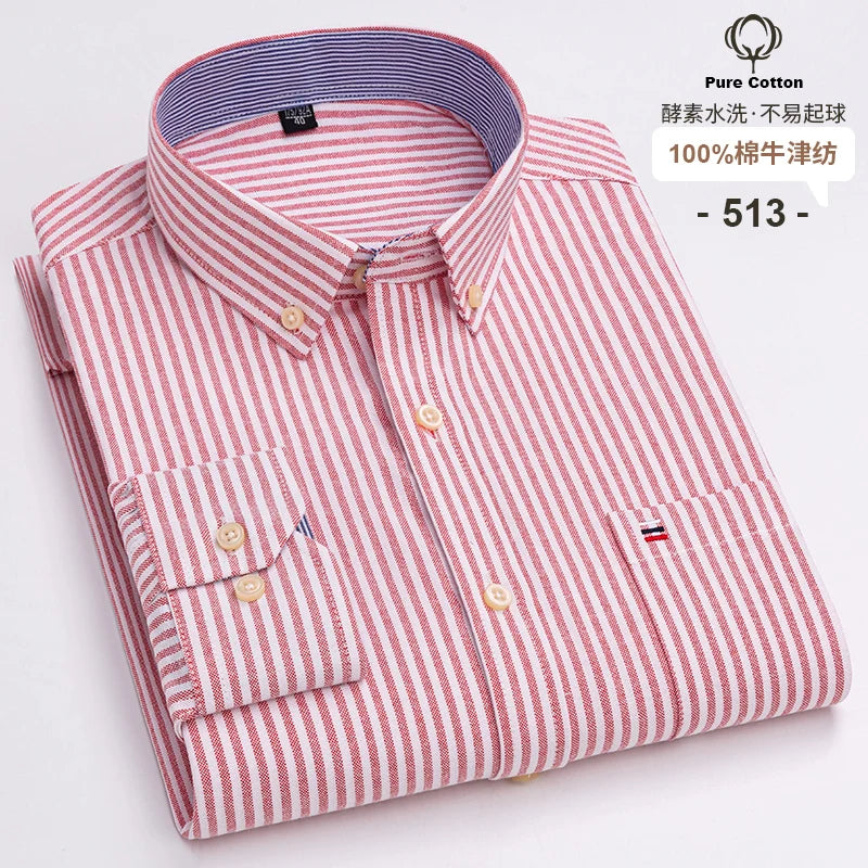 Men's 100% Cotton Oxford Plaid Shirt - Soft Regular Fit Long Sleeve Formal Dress Shirt with Pocket S-7XL