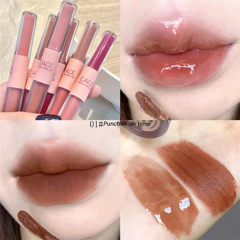Double-End Lip Glaze – Glossy Mirror & Matte Velvet, Long-Lasting Color & Moisture, Anti-Stain Lip Gloss Cosmetic
