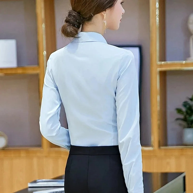 Women’s Solid Button Blouse — Long Sleeve Office Shirt, Elegant Work Top