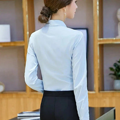 Women’s Solid Button Blouse — Long Sleeve Office Shirt, Elegant Work Top